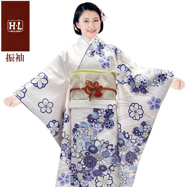 【振袖着物】【単品】H.L 洗える着物 振袖 ダスティカラー【209】白 花柄【全20柄】成人式 結婚式 披露宴 パーティー お茶席 園遊会 入学式 卒業式 着物 レディース 着物　和装　和服【E】