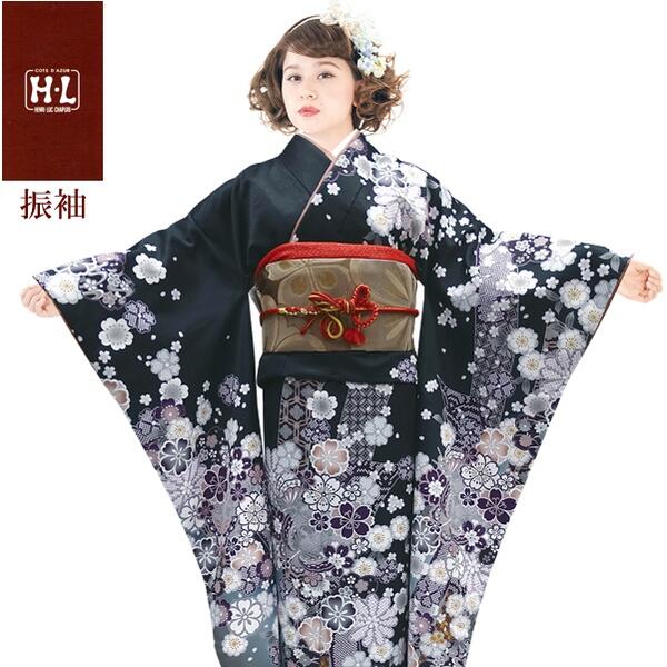 【振袖着物】【単品】H.L 洗える着物 振袖 ダスティカラー【215】黒 花柄【全20柄】成人式 結婚式 披露宴 パーティー お茶席 園遊会 入学式 卒業式 着物 レディース 着物 和装 和服【E】
