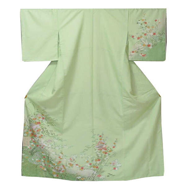 【袷付下げ】仕立上り【日本製】色々な小花模様(桜の地模様)黄緑 (140) 付け下げ 付下 着物 洗える ポリエステル 仕事 披露宴 パーティー お茶会 記念日 観劇 同窓会 祝賀会 お稽古 結納 顔合わせ お宮参り 入学式 入園式 1月〜5月 10月〜12月 春 秋 冬