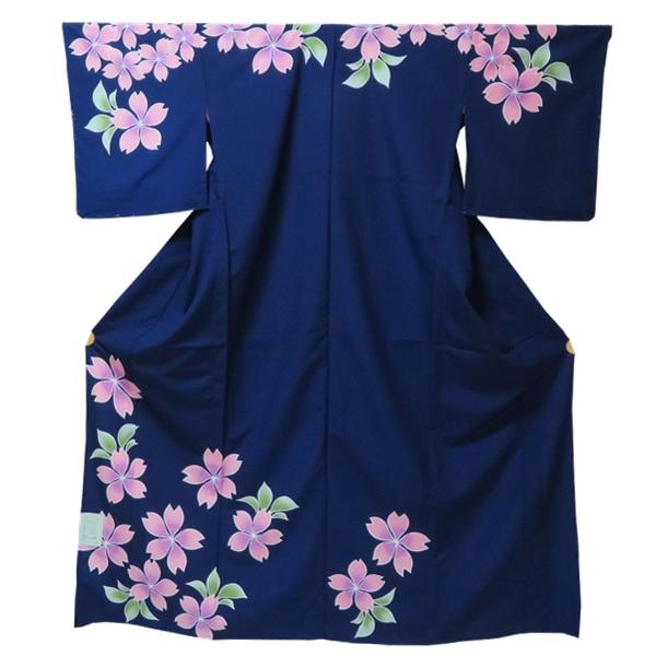 【単衣付下げ】仕立上り【日本製】大きな花柄◇藍色（130）付け下げ 付下 着物 洗える ポリエステル 仕事 披露宴 パーティー お茶会 記念日 観劇 同窓会 祝賀会 お稽古 結納 顔合わせ お宮参り 入学式 入園式　6月 9月