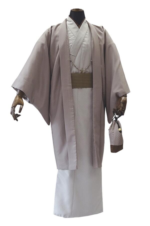 【メンズ アンサンブル】H.L メンズ 着物 7点セット【No.106】茶系 ベージュ系 着物 長羽織 長襦袢 角帯 羽織紐 巾着 腰紐 【3サイズ】M L LL 父の日 プレゼント イベント 散策 着付け 稽古 正月 お出かけ 街着 洗える ポリエステル 簡単 作り帯 紳士 男子【E】