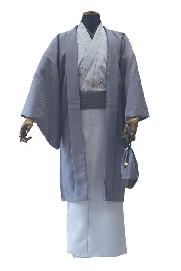 【メンズ アンサンブル】H.L メンズ 着物 7点セット【No.108】紺系 ブルーグレー系 着物 長羽織 長襦袢 角帯 羽織紐 巾着 腰紐【3サイズ】M L LL 父の日 プレゼント イベント 散策 着付け 稽古 正月 お出かけ 街着 洗える ポリエステル 簡単 作り帯 紳士 男子【E】