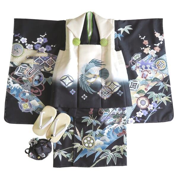 【晴れ着】七五三 被布コートセット 【光20】三歳 男の子 着物 白×黒 鷹 打ち出の小槌 縁起物 長襦袢 草履 巾着 足袋(おまけ) 男児 男子 和服 和装 ...