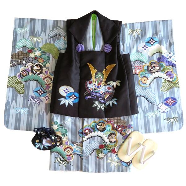 【晴れ着】七五三 被布コートセット 【秀12】三歳 男の子 着物 黒×グレー 兜 打ち出の小槌 縁起物 長襦袢 草履 巾着 足袋(おまけ) 男児 男子 和服 和...