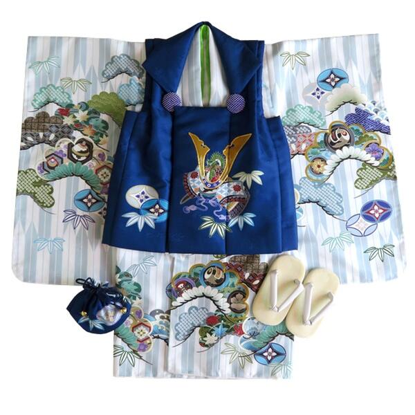 【晴れ着】七五三 被布コートセット 【秀14】三歳 男の子 着物 紺×白 兜 打ち出の小槌 縁起物 長襦袢 草履 巾着 足袋(おまけ) 男児 男子 和服 和装 ...