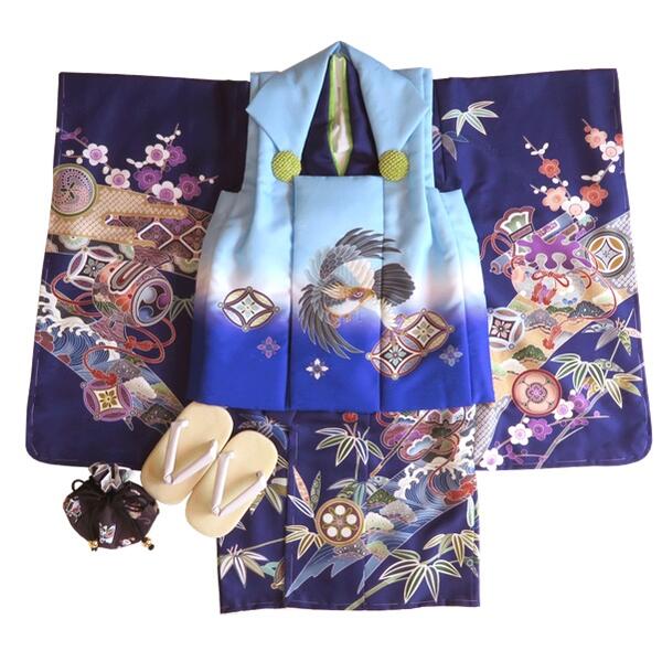 【晴れ着】七五三 被布コートセット 【光21】三歳 男の子 着物 水色×青紫 鷹 打ち出の小槌 縁起物 長襦袢 草履 巾着 足袋(おまけ) 男児 男子 和服 和...