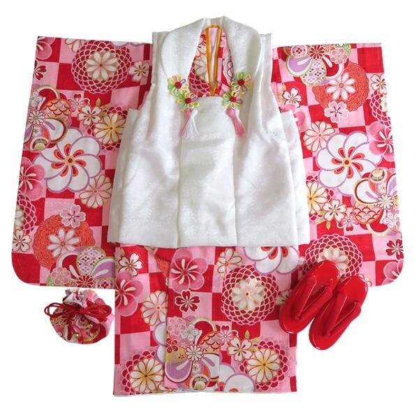 【女の子晴れ着】七五三【正絹】三歳 被布コートセット 【鼓1】白 赤 ピンク 花柄 古典柄【総柄】被布コート 着物 長襦袢 巾着 髪飾り 草履 足袋(おまけ) ...