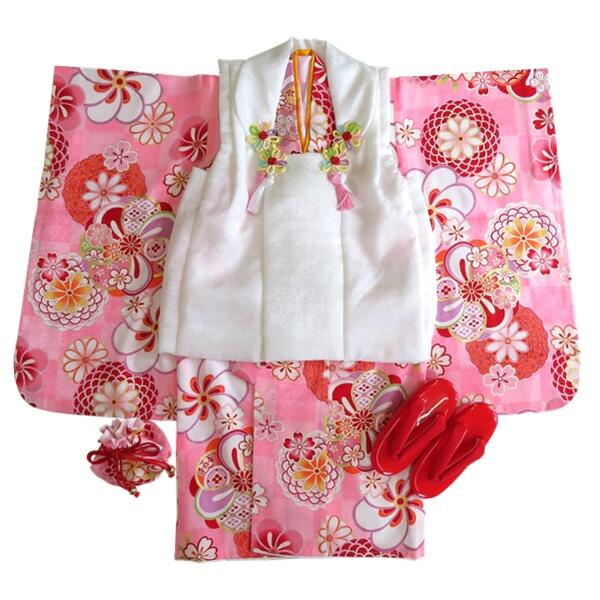 【女の子晴れ着】七五三【正絹】三歳 被布コートセット 【鼓2】白 ピンク 花柄 古典柄【総柄】被布コート 着物 長襦袢 巾着 髪飾り 草履 足袋(おまけ) 女児...