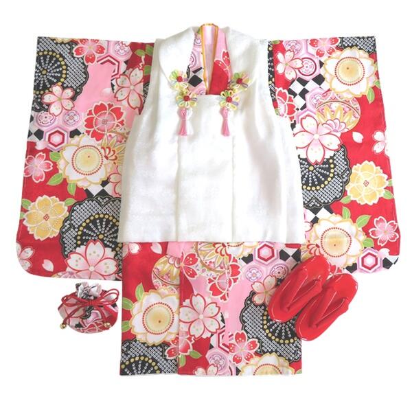 【女の子晴れ着】七五三【正絹】三歳 被布コートセット 【鼓3】白 赤 花柄 古典柄【総柄】被布コート 着物 長襦袢 巾着 髪飾り 草履 足袋(おまけ) 女児 女...