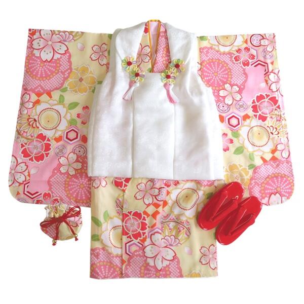 【女の子晴れ着】七五三【正絹】三歳 被布コートセット 【鼓4】白 クリーム 黄 花柄 古典柄【総柄】被布コート 着物 長襦袢 巾着 髪飾り 草履 足袋(おまけ)...