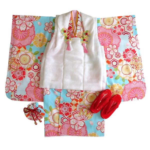 【女の子晴れ着】七五三【正絹】三歳 被布コートセット 【鼓5】白 水色 花柄 古典柄【総柄】被布コート 着物 長襦袢 巾着 髪飾り 草履 足袋(おまけ) 女児 ...