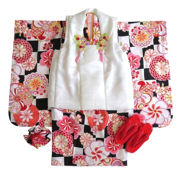 【女の子晴れ着】七五三【正絹】三歳 被布コートセット 【鼓6】白 黒×白 花柄 古典柄【総柄】被布コート 着物 長襦袢 巾着 髪飾り 草履 足袋(おまけ) 女児...