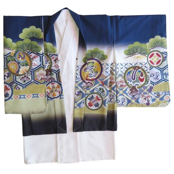 七五三【五歳】金刺繍 羽織 袴 ミニ フルセット 13点セット【紺系】ネイビー系 アンサンブル 祝着 小さいサイズ 5歳 豪華 羽織 着物 襦袢 袴 半衿 羽織紐 角帯 懐剣 お守り 扇子 足袋 雪駄 化粧箱 吉祥文様 兜 八角 松 鼓 矢絣 イベント 男の子【白馬】