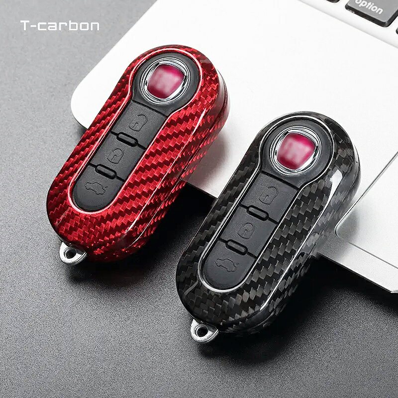 FIAT用カーボンキーカバー　色レッド　リアルカーボン仕様　FIAT500 アバルトなど　キーケース　CARBON..