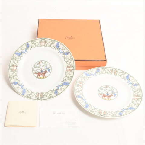 【未使用】 エルメス HERMES ペアプレート 2枚セット デザートプレート アーリーアメリカ Early America 食器 皿 プレート アンティーク ホワイト グリーン マルチ 白 緑 i2020071428のサムネイル