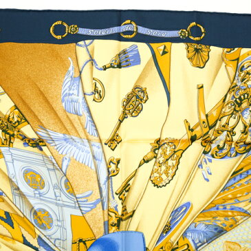 【未使用】 エルメス HERMES スカーフ カレ90 シルク Soleil de Soie シルクの太陽 ショール 大判 バンダナ レディース メンズ ユニセックス 青 黄色 紺 ブルー イエロー ネイビー r2021610