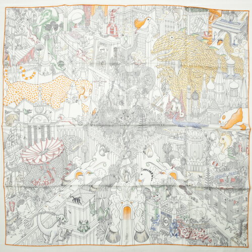 【未使用】 エルメス HERMES スカーフ カレ90 シルク ANIMA POLIS アニマポリス 2019年 恐竜 チーター バンダナ 大判 ショール レディース メンズ 白 黄色 青 マルチカラー ホワイト オレンジ イエロー r2021720のサムネイル