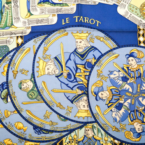 エルメス HERMES スカーフ カレ90 シルク LE TAROT タロットカード トランプ バンダナ 大判 ショール レディース メンズ ユニセックス マルチカラー ブルー ネイビー 美品 tkh500