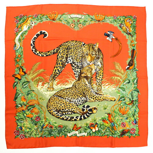 エルメス HERMES スカーフ カレ 90 シルク JUNGLE LOVE ジャングルラブ ジャガー ヒョウ 鳥 花 ショール 大判 レディース メンズ オレンジ / グリーン / マルチカラー maa23008 【新品同様】のサムネイル