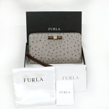 フルラ FURLA 長財布 レザー ラウンドファスナー オーストリッチ型押し リボン レディース グレー / ブラウン 【美品】 maf23059