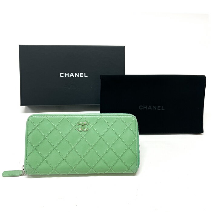 シャネル CHANEL ワイルドステッチ トロピックス ラムスキン (レザー) マトラッセ S金具 AP1114 長財布 ラウンドファスナー ロングウォレット ココマーク レディース ライトグリーン 美品 中古 mah24504