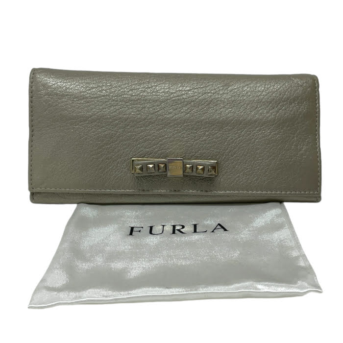 フルラ FURLA 二つ折り財布 レザー 長財布 ウォレット レディース メタリックグレー 中古 mal08017