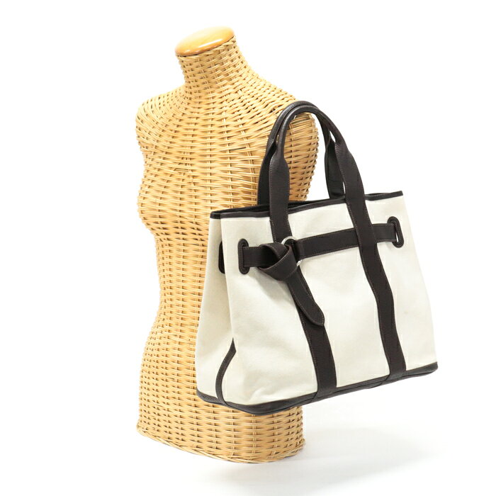 エルメス HERMES プティット サンチュール MM トワルアッシュ (キャンバス) / ブッフルスキッパー (レザー) SV金具 □K刻印 トートバッグ ハンドバッグ レディース メンズ マロン (ベージュ) / ブラウン 中古 man30008