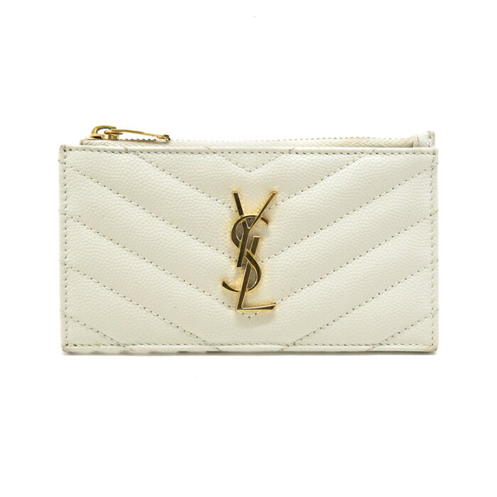 サンローラン SAINT LAURENT モノグラム フラグメント ジップ カードケース コインケース グレインレザー Vステッチ 607915 ミニウォレット 財布 YSL金具 レディース メンズ ホワイト / ゴールド 中古 mao15010のサムネイル