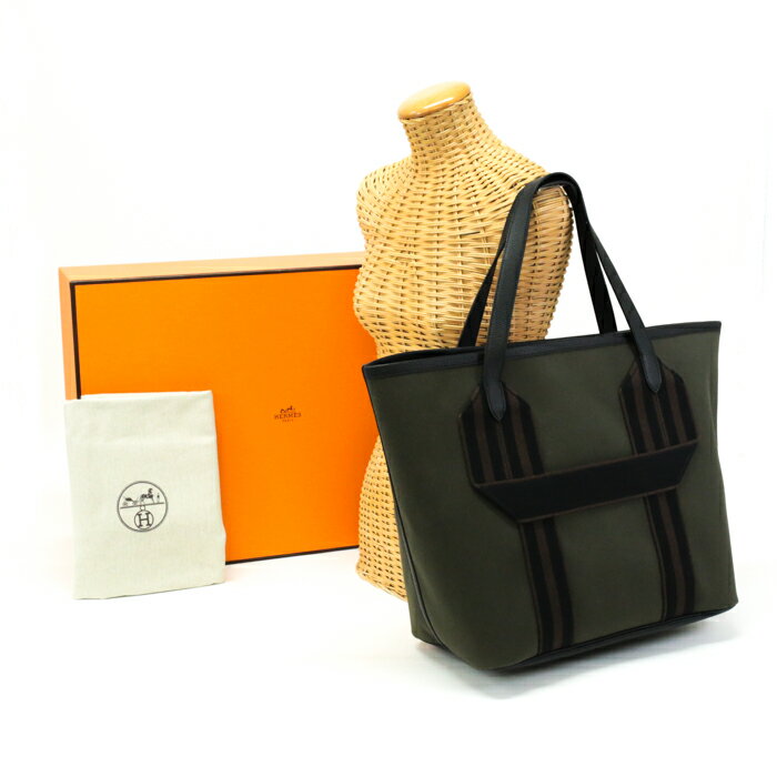 未使用 展示品 エルメス HERMES ピュール サングル トワルミリテール (キャンバス) / トリヨンクレマンス (レザー) U刻印 H柄 トートバッグ ビジネスバッグ メンズ レディース カーキ / ノワール (ブラック) / ブラウン map06002