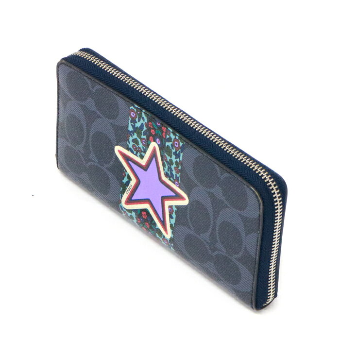 コーチ COACH アコーディオン ジップラウンド ウォレット PVC レザー シグネチャー 花柄 スター柄 F59582 長財布 ラウンドファスナー ロングウォレット カードケース 札入れ レディース ネイビー / パープル 中古 mat03004