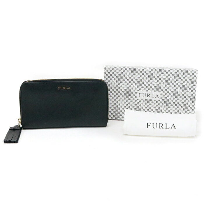 フルラ FURLA ラウンドジップ ウォレット レザー 851473 長財布 ラウンドファスナー ロングウォレット タッセル レディース メンズ ブラック 美品 中古 maw10005