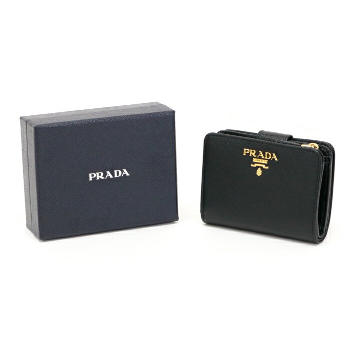 プラダ PRADA ミディアムウォレット サフィアーノ (レザー) 1ML018 二つ折り財布 L字ファスナー コンパクトウォレット メンズ レディース ネロ (ブラック) / ゴールド 美品 中古 mba07009