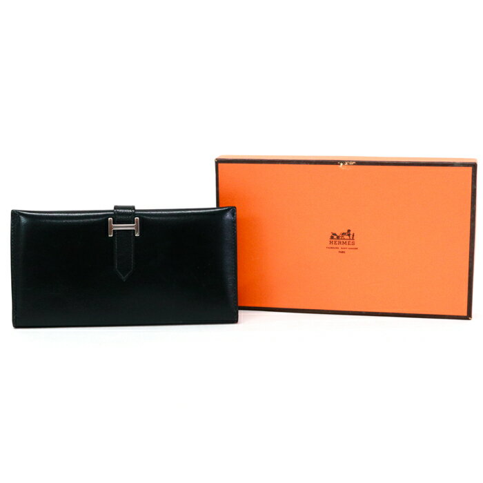 エルメス HERMES べアン クラシック ボックスカーフ (レザー) SV金具 □G刻印 2003年 長財布 かぶせ蓋 コンチネンタルウォレット ロングウォレット 二つ折り財布 H金具 メンズ レディース ノワール (ブラック) 中古 mba18026のサムネイル