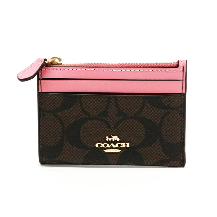 コーチ COACH カードケース PVC レザー シグネチャー F88208 コインケース マルチケース ミニ財布 パスケース レディース ダークブラウン / ピンク 美品 中古 mbc03013