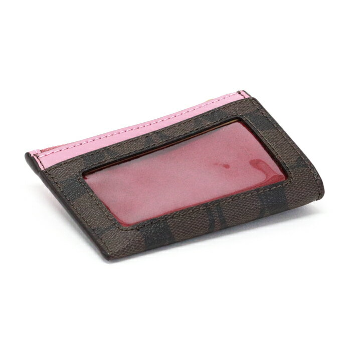 コーチ COACH カードケース PVC レザー シグネチャー F88208 コインケース マルチケース ミニ財布 パスケース レディース ダークブラウン / ピンク 美品 中古 mbc03013