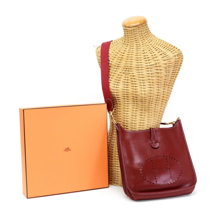 エルメス HERMES エブリン (エヴリン) PM 1 (アン) ボックスカーフ (レザー) GD金具 □D刻印 2000年 ショルダーバッグ クロスボディ 斜め掛け 肩掛け Hロゴ レディース メンズ ルージュアッシュ (レッド) 中古 mbd05004のサムネイル