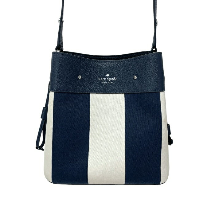 ケイトスペード Kate Spade ラージ バケットバッグ キャンバス / レザー ストライプ K6932 ショルダーバッグ クロスボディ 斜め掛け 肩掛け ハンドバッグ レディース ネイビー / アイボリー 中古 mbe24004