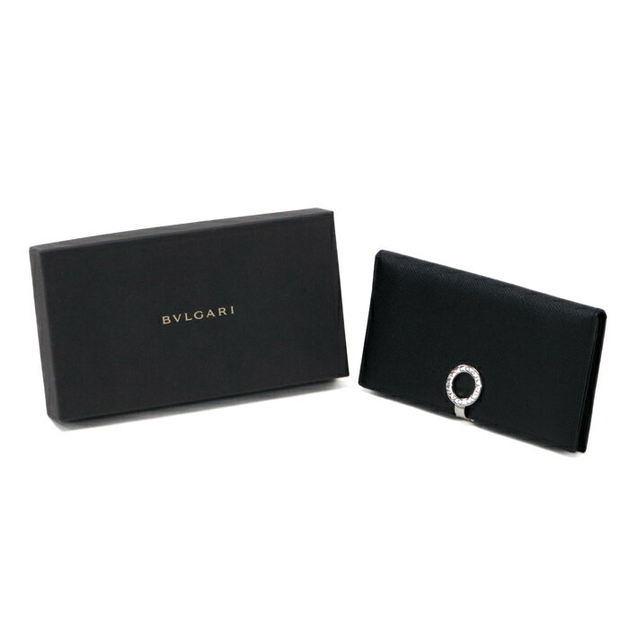 【ABランク】 ブルガリ BVLGARI ロゴ クリップ ロングウォレット グレインカーフレザー 33745 長財布 二つ折り財布 かぶせ蓋 札入れ カードケース メンズ レディース ブラック / シルバー 中古 mbg05012