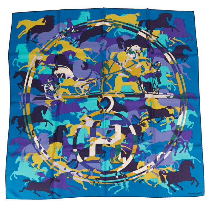 Silk - 【SAランク】 エルメス HERMES スカーフ カレ90 シルク100％ EX LIBRIS EN CAMOUFLAGE / エクスリブリスのカモフラージュ バンダナ 大判 ショール 馬柄 メンズ レディース ブルー / パープル / マルチカラー 正規品 極美品 中古 mbx04009
