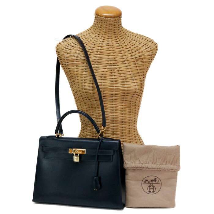 【ABランク】 エルメス HERMES ケリー 32 外縫い ボックスカーフ (レザー) GD金具 〇W刻印 (1993年) ハンドバッグ 手提げかばん トップハンドルバッグ 2WAYバッグ レディース メンズ ブルーインディゴ (ネイビー) 正規品 中古 mbx15005