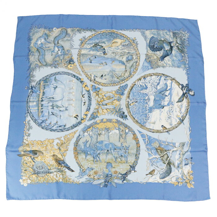Silk - 【ABランク】 エルメス HERMES スカーフ カレ 90 シルク 100％ LES QUATRE SAISONS 四季 バンダナ 大判 ショール 動物 メンズ レディース ライトブルー 正規品 中古 mbx30004
