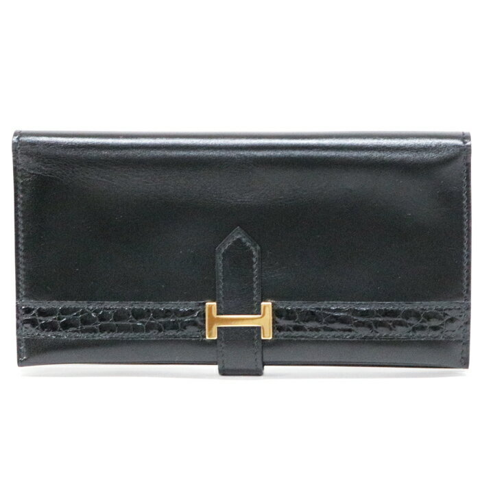 乐天商城 - 【ABランク】 エルメス HERMES ベアンクラシック ボックスカーフ / クロコ (レザー) エキゾチックレザー SV金具 〇P刻印 (1986年) 長財布 コンチネンタルウォレット H金具 メンズ レディース ノワール (ブラック) 正規品 中古 mbz29006