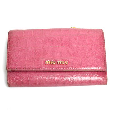 【中古】 ミュウミュウ MIU MIU 財布 三つ折り クロコ型押し ウォレット コインケース カードケース レザー レディース フューシャピンク p-eg18100778