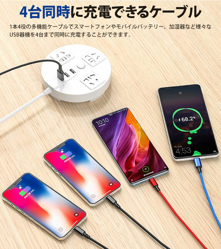【動画あり】 4in1 充電ケーブル Type-C Lightning MicroUSB 選べる 2タイプ MAX2A ケーブル 1.2m ナイロン スマートフォン Android iPhone スマホ タイプ C PR-UTC07【メール便 送料無料】