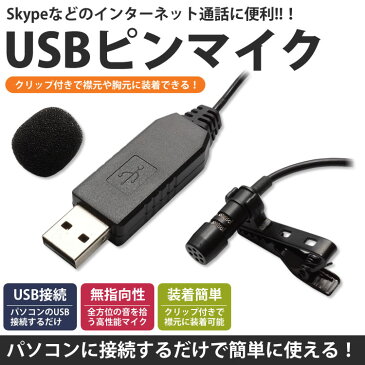 USB ピンマイク 無指向性 クリップ付き マイクロフォン 有線 小型 PC パソコン Skype インターネット通話 ハンズフリー PR-USBMIC【メール便 送料無料】