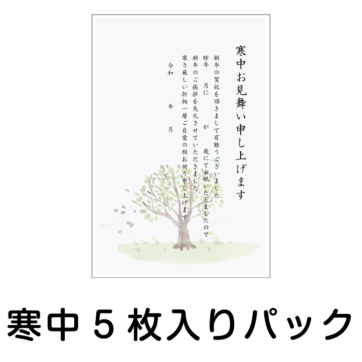 ●こんな方にお勧めです● ◎家族全員分それぞれ印刷したいが費用がかさむ。 ◎送る相手によって文章を変えたい。 ◎印刷注文したが少し足らなくなった。 ◎小ロットの場合は5枚入りパックがオススメ 【ご注意とお願い】 ●WEB上の用紙、印刷のイメージは実際とは多少異なります ●イメージした文字の大きさや紙厚が違うといったクレームはご容赦願います ●私製はがきにつき、切手を貼って投函してください。 ●住所部分は各自手書きか印字してください。 ※寒中はがきの差出は、立春の前日の2月3日頃までが一般的です。 【配送について】 ●システム上複数個ご注文の際、送料が個数分計上されますが ご注文後送料を330円に訂正させて頂きますのでご安心下さい。 ●日本郵便ゆうパケット等にて発送致します。 ※発送より2〜4日（沖縄・離島は6日程度）かかりますので、ご了承願います。 ●日時の指定は不可となっていますので 宜しくお願い致します。「喪中はがき5枚入りパック」　 MP-1 MP-2 MP-3 MP-4 MP-5 MP-6 「寒中はがき5枚パック」 KP-1 KP-2 KP-3 KP-4 KP-5 KP-6 ※この商品は差出人部分は印刷されません。 オーダー印刷ご希望の方はコチラをクリックして下さい