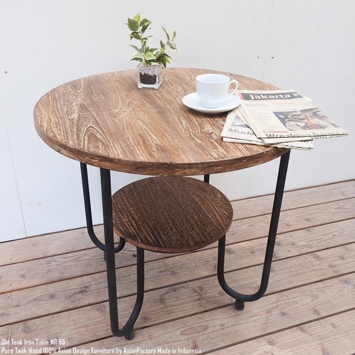 オールドチークアイアンテーブル 65NR チーク材天板 円卓 カフェテーブル ラウンドテーブル 鉄脚 デザ..