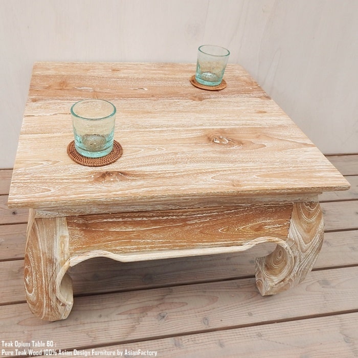 アジアンテーブル チーク無垢材 オピウムテーブル 60cm×60cmWW ホワイトウォッシュ カントリー調 ボーホースタイル ちゃぶ台 ローテーブル アジアン家...