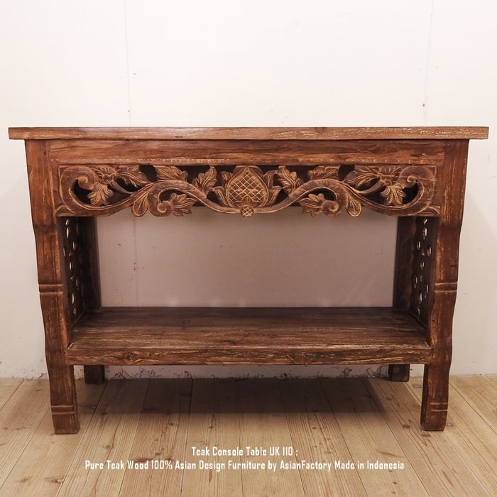 オールドチーク無垢材 コンソールテーブル UK110NR 彫刻付き 飾り棚 2段 幅110cm 奥行40cm 高さ80cm チーク材 バリ家具 アジアン家具 サ...