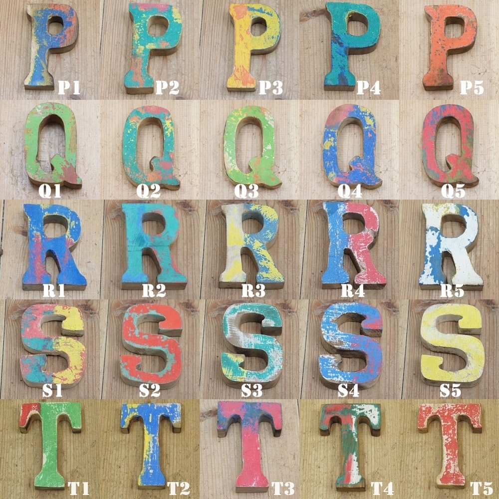 木製アルファベット10cm切り文字オブジェ『PQRST』高さ10cmボート再生家具イニシャルインテリア